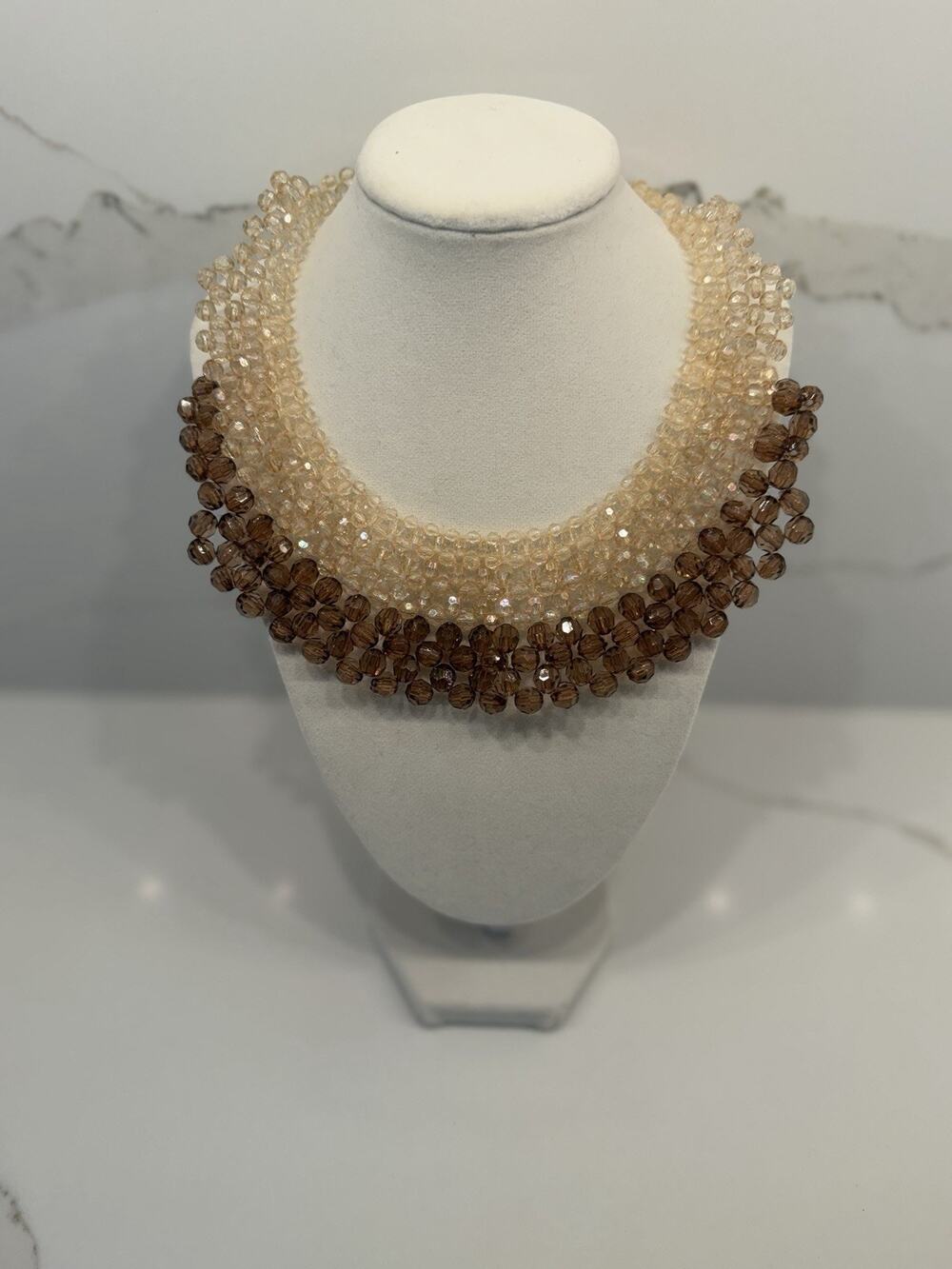 Vintage Beaded Collar Necklace Champagne Brown Faceted Beads Statement Bib